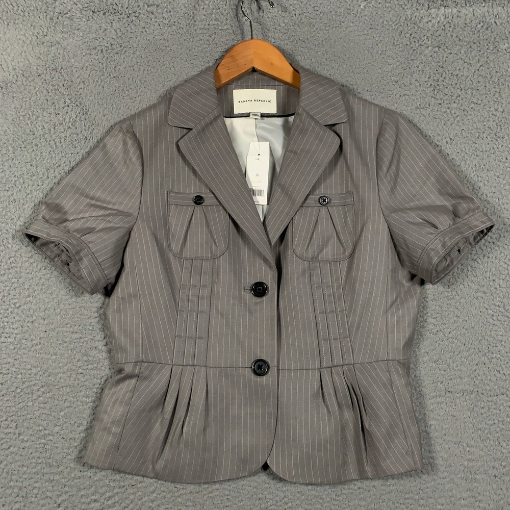 Banana Republic Wool Silk Short Sleeve Blazer Women's 10 Grey Pinstripe Peplum